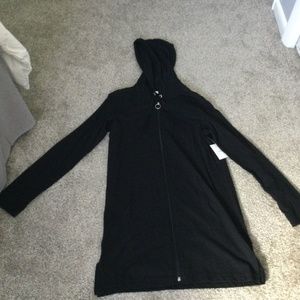 NWT Croft & Barrow womens size med 32” Long hoodie w pockets zipper black cotton